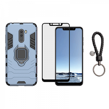 Set protectie 2 in 1 pentru Xiaomi Pocophone F1 cu husa hybrid antisoc cu stand inel si folie sticla ceramica fullsize si breloc cadou dark blue
