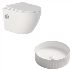 Set vas wc alb suspendat rimless cu functie de bideu, baterie crom inclusa si capac soft close, Foglia Oslo, plus lavoar rotund cu riflaje 3D, Foglia Set vas wc alb suspendat rimless cu functie de bideu, baterie crom inclusa si capac soft close, Foglia Oslo, plus lavoar rotund cu riflaje 3D, Foglia