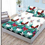 Husa de pat cu elastic 180x200 din Bumbac Finet + 2 Fete de Perna - Fluturi Turcoaz Rosii, ELEGANT HOME PUCIOASA