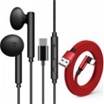 Set de casti USB-C cu microfon incorporat si cablu USB ZJXD, plastic/nailon/metal, rosu/negru, 