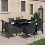 Set mobilier de gradina, 9 piese, negru, poliratan & sticla