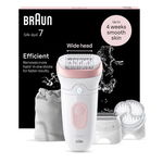 Epilator Braun Silk-épil 7 7-060 SkinSpa, Wet & Dry, MicroGrip, Smart Light, 40 de pensete, 2 viteze, Cap de ras + Pieptene, 1 Cap pentru exfoliere, 1 Capac, Saculet de voiaj (Alb/Roz), Braun