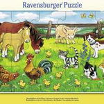 Bauernhoftiere auf der Wiese. Rahmenpuzzle 15 Teile