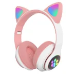 Casti wireless pliabile cu urechi de pisica iluminate LED, Bluetooth 5.0, Bass Stereo, ROZ, 