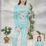 Pijama dama albastru deschis cu imprimeu catelus si pantaloni lungi PJD099, 
