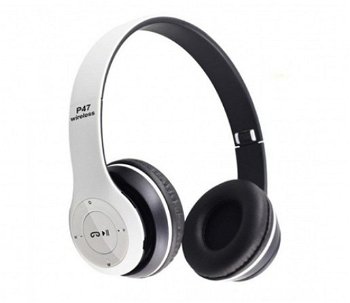 Casti Audio Wireless Bluetooth P47, Radio FM, Card SD, Microfon Incorporat, 10m, Pliabile, Alb, 
