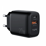 Incarcator TOPK 2 in 1FastCharge USB Quick Charge 3.0 18W Type-C PD 20W negru