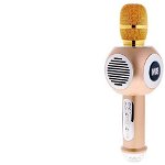 Set - Microfon Karaoke Wireless cu Bluetooth, Soundvox(TM) M8 cu Boxa inclusa si Joc de Lumini, Auriu + Suport Universal de Birou Pentru Tablete sau Telefoane, Inter-Line Company SRL