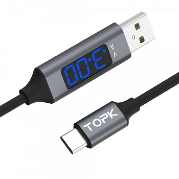 Cablu de incarcare si transfer date TOPK QC 3.0 Fast Charge Type-C cu display voltaj de 1m negru