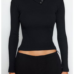 Trendyol, Bluza crop cu guler asimetric, Negru