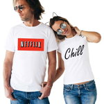 Set doua tricouri albe pentru cupluri - Netflix & Chill, THEICONIC