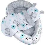 Set 3 piese Baby Nest cu Pernita si Salteluta, fata dubla Unicorns Stars - Gri/Roz