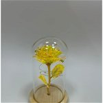 Trandafir de sticla artificial in cupola 15 cm cu suport din lemn cu lumina led, 