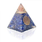 Piramida Orgonica cu cristale Lapis Lazuli si simbolul floarea vietii 8 cm ,   pentru intelepciune, armonie, onestitate si constientizare de sine, CraftMystic