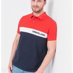 Timberland, Tricou polo de bumbac pique cu model colorblock, Rosu, Bleumarin, S