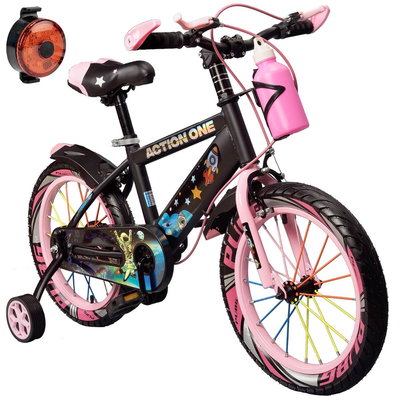 Bicicleta copii cu far spate inclus, roti ajutatoare si bidon Action One, Genesis II, 16 inch, Roz, Action One