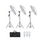 Kit lumini pentru Studio format din 3 umbrele difuzie cu 3 mufe pivotante, 3 suport trepied reglabil 80 - 200 cm si 3 becuri lumina alba 150w plus Geanta transport, OEM