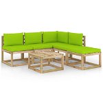 Set mobilier de gradina cu 4 canapele, 1 taburet cu perne si 1 masa vidaXL, Lemn, Maro/Verde deschis