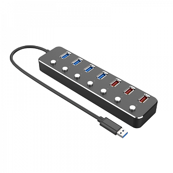 Hub USB 3.0 cu 4 x USB 3.0A 3 x USB 2.4A si intrerupator individual carcasa aluminiu alimentare separata negru