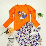Pijama dama bumbac lunga cu pantaloni gri si bluza cu maneca lunga portocalie cu imprimeu DD