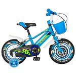Bicicleta baieti Rich Baby R1207A, roata 12", C-Brake, cosulet, roti ajutatoare cu LED, 2-4 ani, albastru/verde, RICH BABY