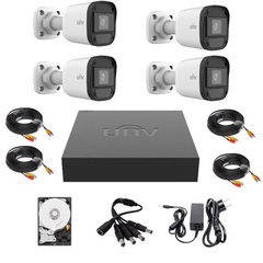 Set sistem de supraveghere, Uniview, 4 camere 2MP IR 20m, DVR hibrid 4 canale, hard disk 500GB, negru / alb
