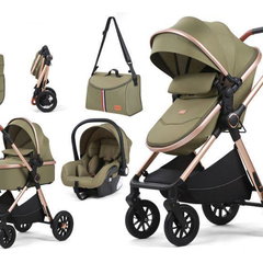 Carucior, 3 in 1, cu suspensii duble si landou reversibil, Element sustinere dublu, Maner reversibil, L-Sun, T5, Verde, MelaStore