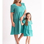 Set rochii mama fiica verde model lejer scurt cu cordon in talie plus size