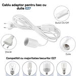 Cablu adaptor 1.8m pentru bec cu dulie fasung E27 la stecher plat 220V cu intrerupator on/off , alb, PLS