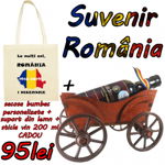 SUVENIR ROMANIA: suport lemn sticla vin+ sacosa bumbac personalizata, Optim Combo