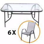 Set masa, metal + sticla, cu 6 scaune, metal + textilen, pentru gradina, Inovius