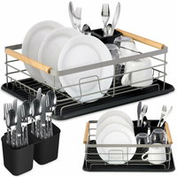 Uscator de vase, cu suport de tacamuri, Massido, 43 x 32 x 14 cm, Gri, Manere din lemn, Massido