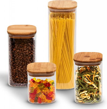 Set de 4 borcane pentru depozitare ANWA, sticla/bambus, transparent/natur