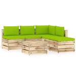 Set mobilier de gradina canapea in L cu spatar masuta si perne 6 piese, vidaXL, Lemn de pin verde tratat, Maro/Perne verde aprins
