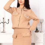 Compleu dama camel elegant din tricot cu perle decorative, InPuff Basic