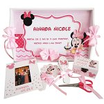 Set mot Baby Minnie Mouse, 7 piese, personalizat, din lemn, cu fundite roz, ornamente roz cu rosu DSPH007