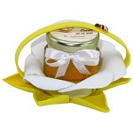 Marturii dulci cu miere, model handmade Zumzet dulce - galben, borcan 50 gr - DSBC1692