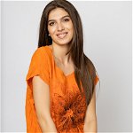 Bluza portocalie din bumbac cu floare stilizata pe piept si snur la poale