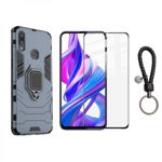 Set protectie 2 in 1 pentru Huawei P Smart Z cu husa hybrid antisoc cu stand inel si folie sticla ceramica fullsize si breloc cadou dark blue, krasscom