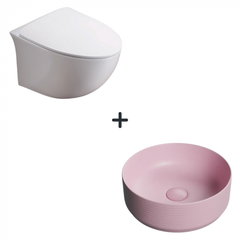 Set vas wc rimless cu capac soft close Alice plus lavoar baie rotund roz mat, Foglia Set vas wc rimless cu capac soft close Alice plus lavoar baie rotund roz mat, Foglia
