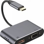 Adaptor multimedia USB tip C tata la HDMI mama si VGA mama, Platinet 45224, rezolutie maxima HDMI 4K la 30 Hz si VGA Full HD 1080p la 60 Hz, Panasonic