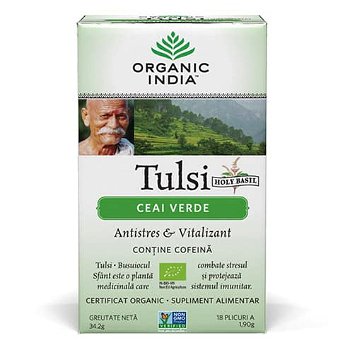 Ceai Verde Tulsi (Busuioc Sfant), Antistres Natural & Vitalizant, plicuri, Organic India, PLANTECO