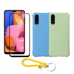 Set protectie 3 in 1 pentru Samsung Galaxy A70/A70s cu 2 huse din silicon moale antisoc folie sticla ceramica fullsize si breloc cadou albastru-verde