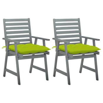 Set de 2 scaune de masa pentru exterior cu perna colorata vidaXL, Lemn de acacia, 56 x 62 x 92 cm, Gri/Verde deschis