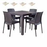 Set exterior gradina RAKI MAITAS, masa patrata CLASSI RATAN 90x90x75cm, 4 scaune SUNSET RATTAN 57x57xh84cm polipropilena/fibra sticla culoare cafea, 4 perne scaun, Raki