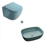 Set vas wc rimless cu capac soft close plus lavoar baie cu margini rotunjite verde turcoaz mat, Foglia
