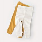 Set 2 pantaloni bebe unisex din bumbac organic si modal - Mustar/Ecru, BabyCosy, BabyCosy