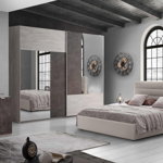 Dormitor Lea, gri/ulm, pat 160x190, dulap cu 3 usi culisante, 2 noptiere, comoda, Vmobila