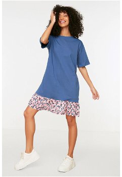 Trendyol, Rochie-tricou cu terminatie contrastanta, Roz, Albastru, XS