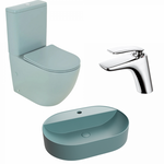 Set vas wc stativ rimless verde turcoaz mat Foglia Oslo cu rezervor si capac soft close inclus, lavoar cu orificiu baterie plus baterie lavoar crom lucios, Foglia
